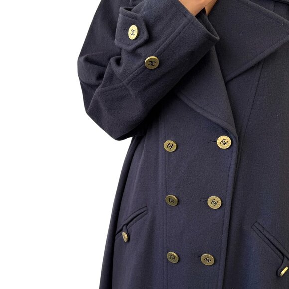CHANEL Vintage 95A CC Mark Logo Long Coat Jacket #38 Cashmere Dark Blue [106373] - Picture 3 of 12